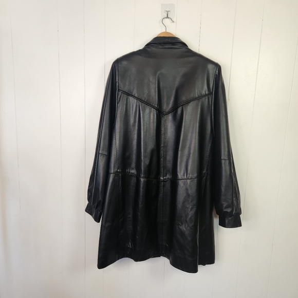Vintage Black Leather Coat Jacket Midi 90s 1990s Womens Size 1X Loose Oversized - Picture 3 of 15